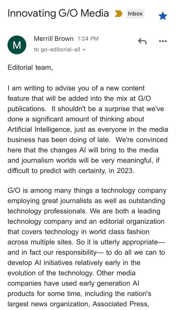 Email sent by Merrill Brown to the editorial staff of G/O Media. 