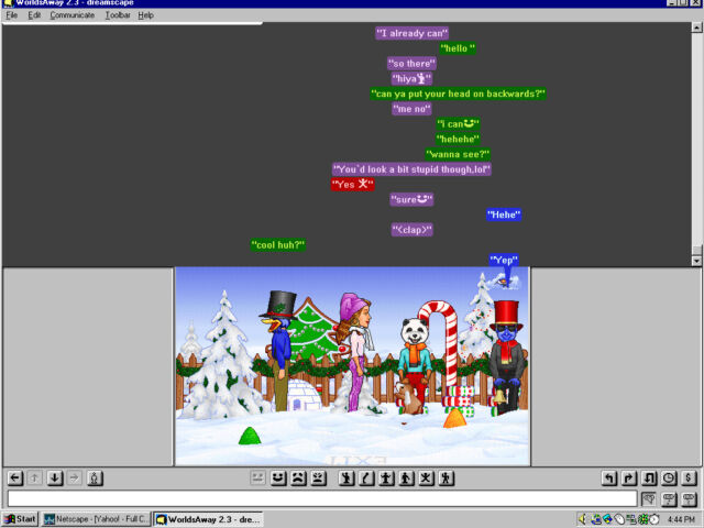 A screenshot Benj Edwards took of WorldsAway, an online graphical chat world, on December 12, 1998. Benj is the blue boy on the right.