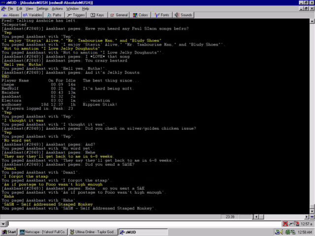 A screenshot of Benj's indecipherable activity on AbsoluteMUSH using the zMUD client on July 21, 1998. Also present: Netscape, Ultima Online, and ICQall connected via a 33.6Kbps dial-up modem connection to NetWorks.