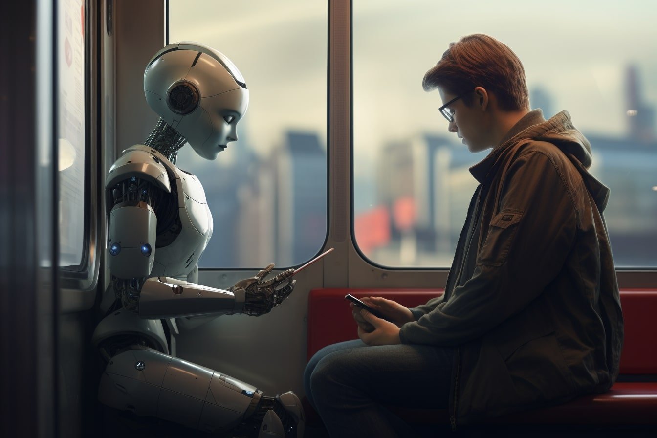 This shows a robot and a man alone.