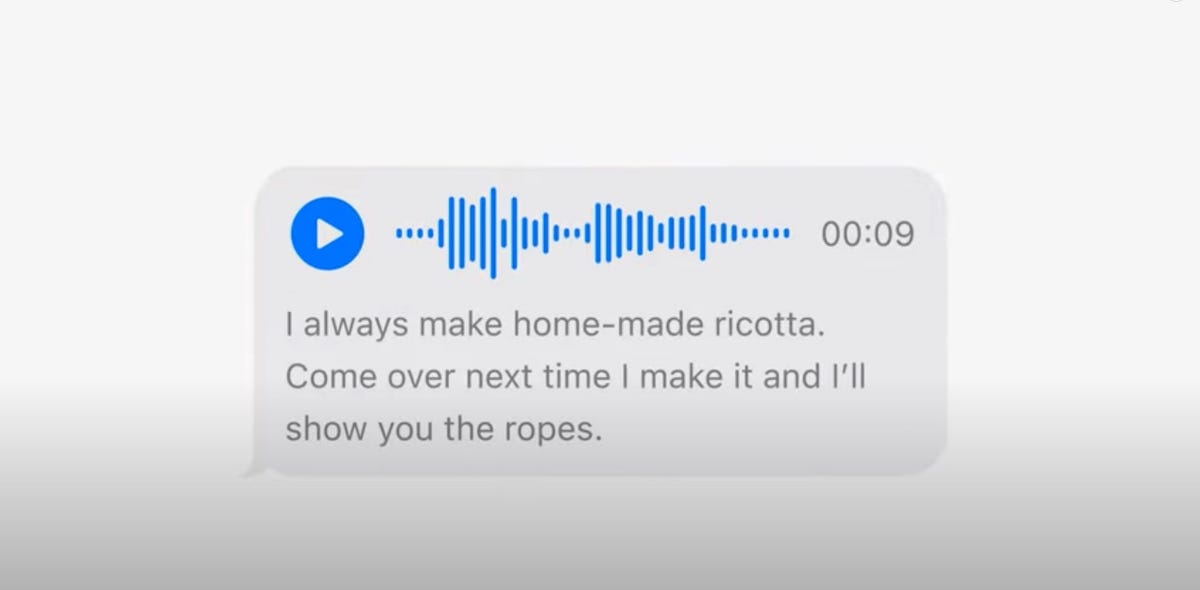 A screenshot showing a transcribed audio message in iOS 17