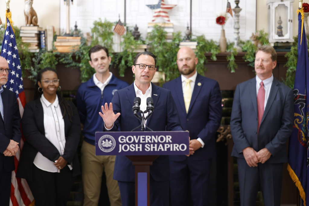Governor Shapiro speaks at a news conference in Beaver Falls, Pennsylvania with local elected officials and community members announcing plans to use more than $1.16 billion in federal funds the Commonwealth will receive to expand broadband and ensure every Pennsylvania citizen can access the Internet