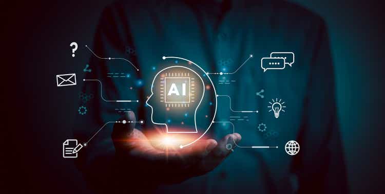 AI Artificial intelligence and conversational chatbots digital technology companies interact with applications including customer service, sales and marketing, and big data virtual screen.