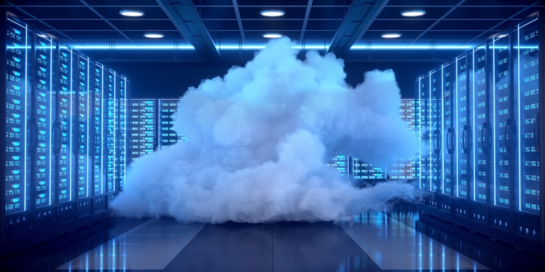 Big cloud inside a data center.  Sustainable data computing background.