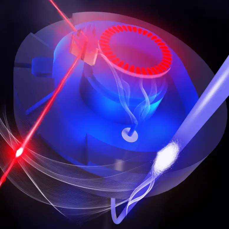 Artist's impression of the experimental device with the optical photons of the beam entering and exiting the electro-optical crystal